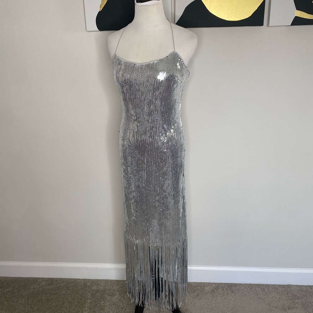Forever21 Silver Sequin Tassel Fringe Hem Dress M